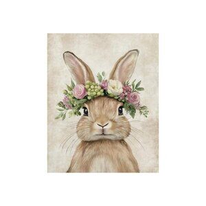 Rabbit with Floral Crown Unframed Canvas Wall Art  16" X 20"